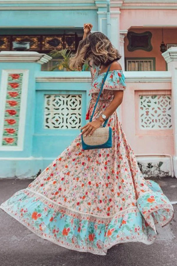 Vacation Sexy Off-the-shoulder Printed Dress P16149