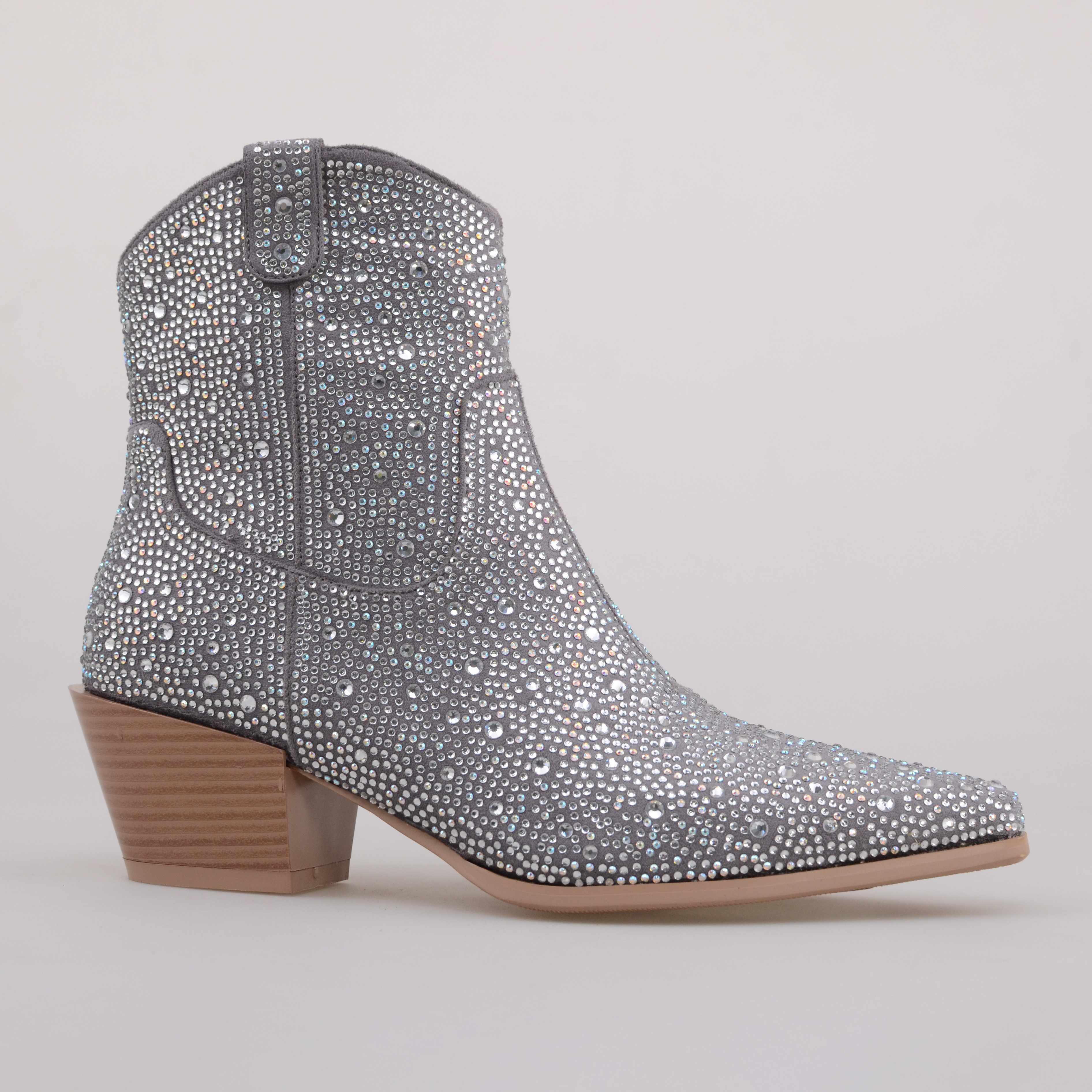 TAAFO Full Of Bright Rehine Stone Cowboy Silver Middle-calf Block Heel Boots Pointed Toe Chunky Heel