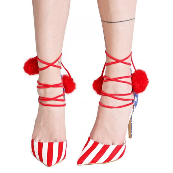 Stars and Stripes Pom Pom Heels Strappy Closed Toe Pumps |FSJ Shoes