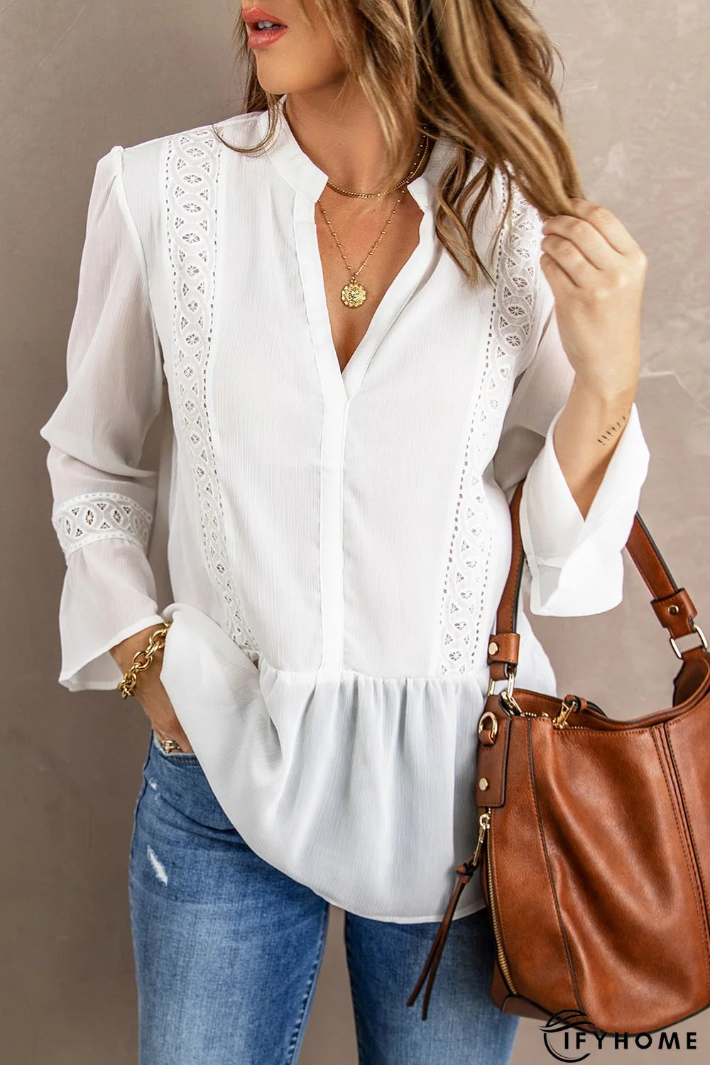 White Lace Ruffed Long Sleeve V Neck Shirt | IFYHOME