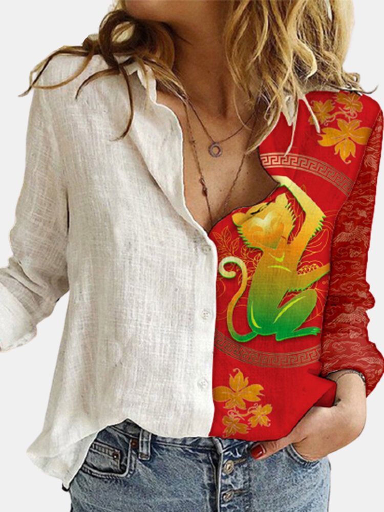 Cartoon Monkey Printed Long Sleeve Turn down Collar Patchwork Blouse For Women P1756389