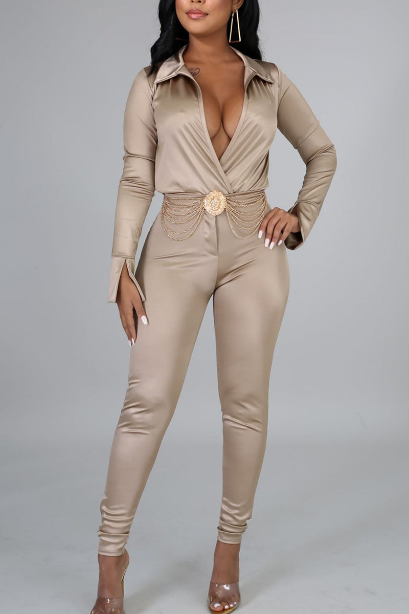Sexy Solid Split Joint Turndown Collar Long Sleeve Two Pieces