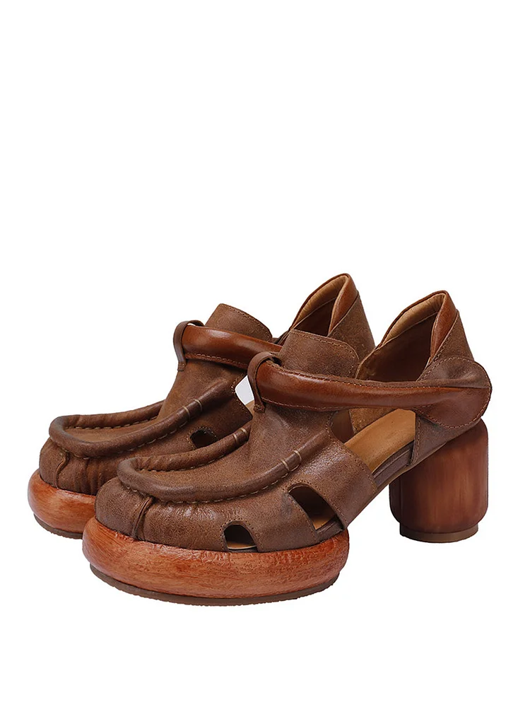 Women Retro Leather Mid-heel Solid Soft Shoes