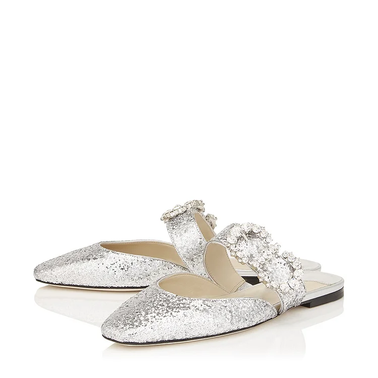 Silver Glitter Shoes Rhinestone Buckle Flat Mules |FSJ Shoes