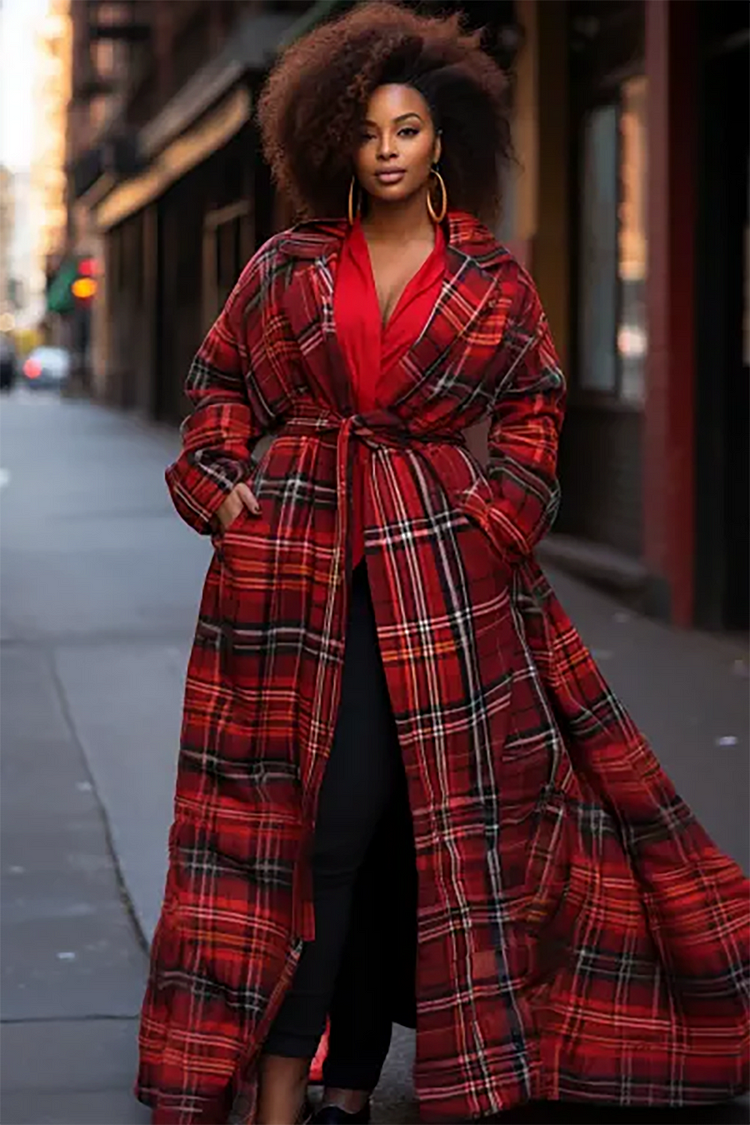Plus Size Semi Formal Overcoat Casual Red Plaid Fall Winter Turndown Collar Long Sleeve Flannel Overcoat With Pocket [Pre-Order]
