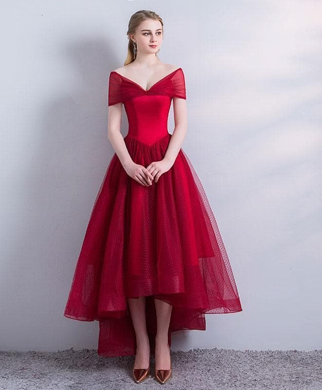 Burgundy V Neck Tulle Prom Dress