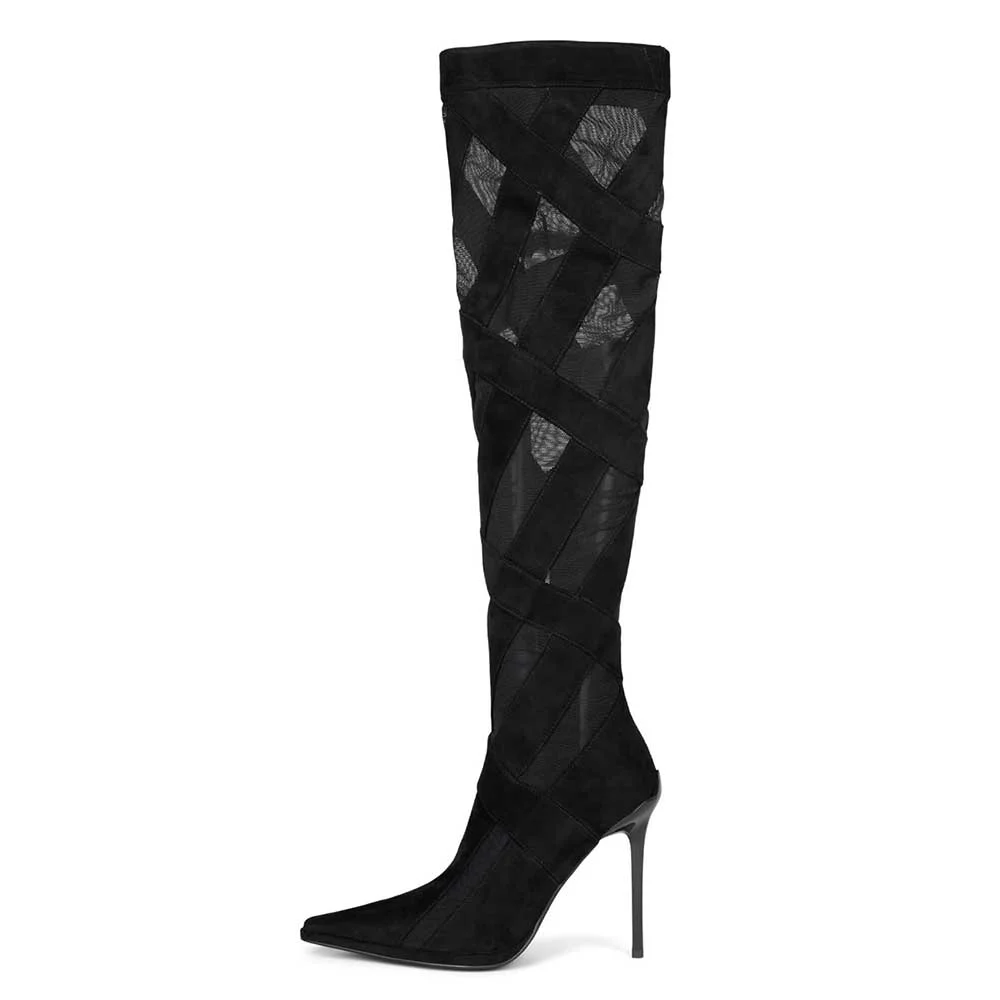 Black Vegan Suede & Mesh Striped Pointed Toe Heeled Thigh High Boots Nicepairs