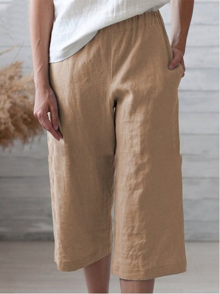 Women's elastic waist wide leg solid color casual pants socialshop