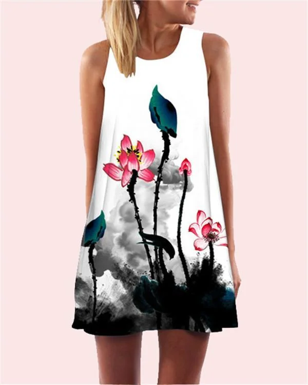 Lotus Printed Sleeveless Beach Dress