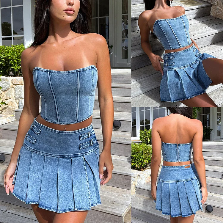 Halter Distressed Crop Top Ruched Skirt Suits