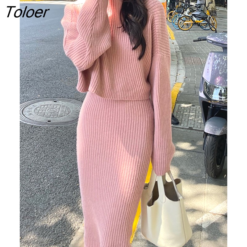 Toloer Autumn Knit Sweater Skirt Sets Women Pink Turtleneck Pullovers