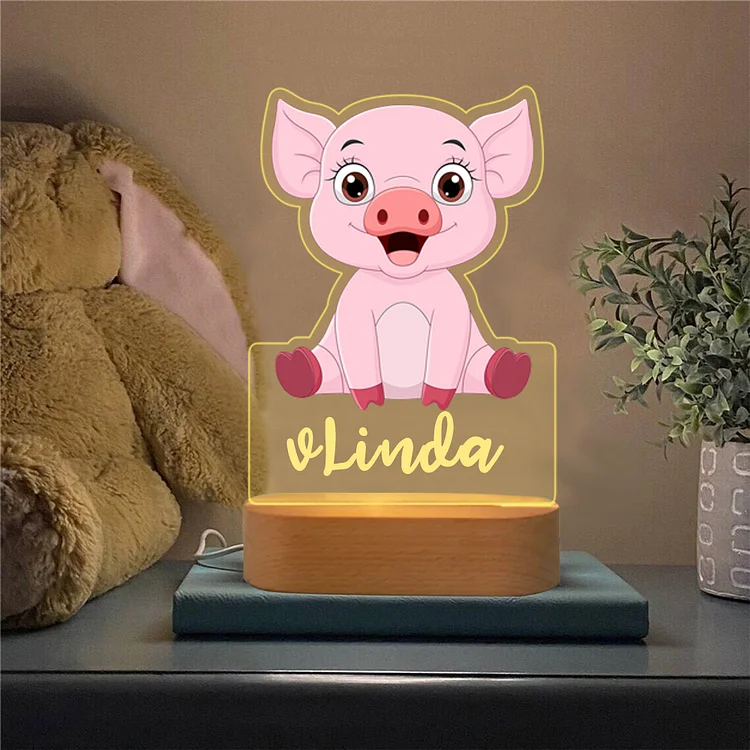 Personalized Pink Pig Night Light Custom Name  LED Lamp for Kids