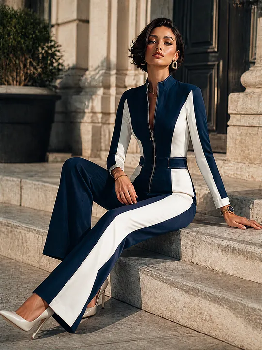 Women's Modern Elegant Navy White Knit Cotton Blend Color-Block Zip-Front Full-Length Jumpsuit MD