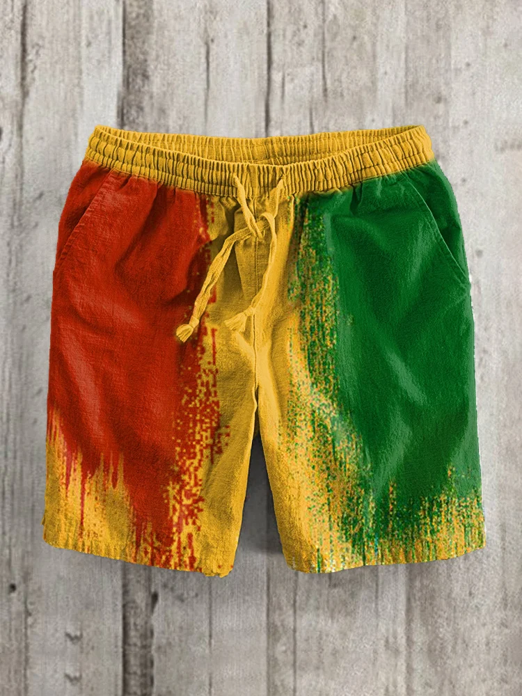 Reggae Print Linen Blend Casual Shorts