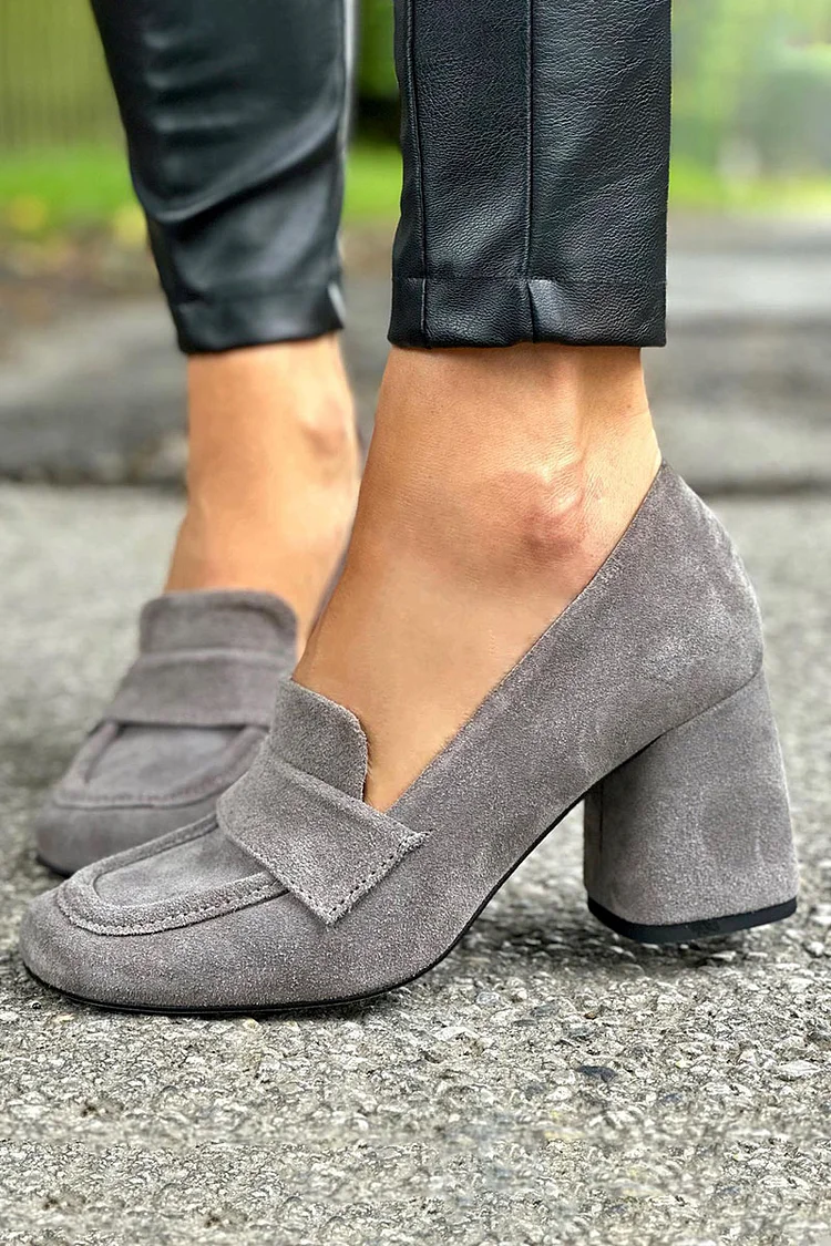 Square Toe Faux Suede Retro Loafers Gray Chunky Heels