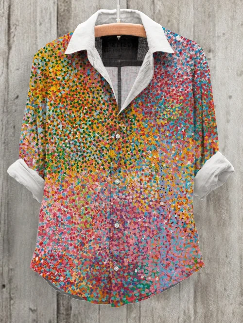 Women's Pointillism Art Print Long Sleeve Cotton And Linen Shirt