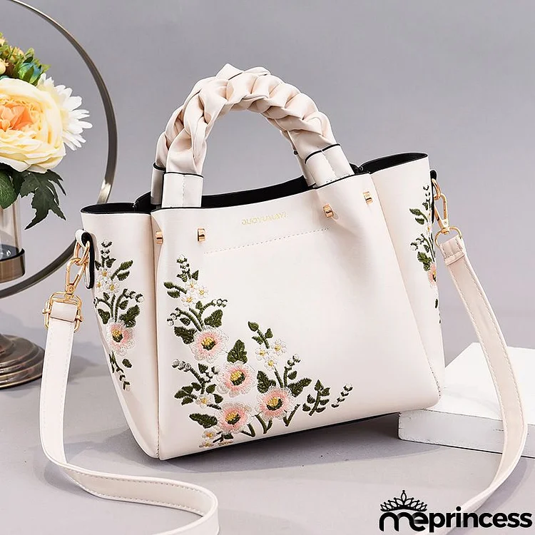 Women Vintage Flower Design Graphic Pattern Solid Color Large Capacity Shoulder Handle Bag