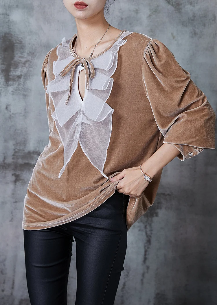 Women Nude Oversized Patchwork Silk Velour Shirts Fall