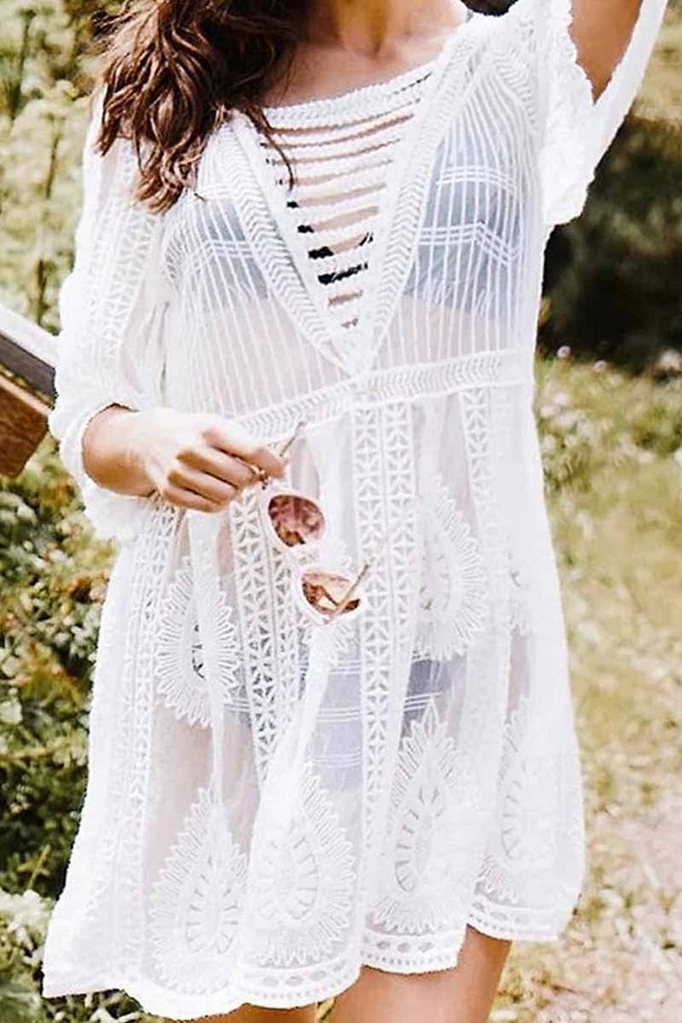 Hollow Embroidery Half Sleeve Cover-Up