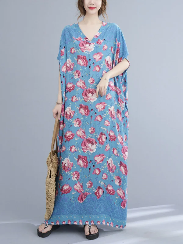 Roomy Floral Stamped V-Neck Short Sleeves Maxi Dress