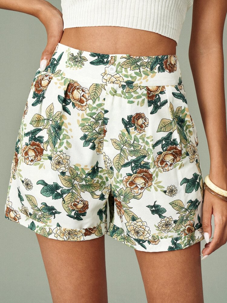 Tropical Flower Print Pocket Shorts For Women - BlackFridayBuys