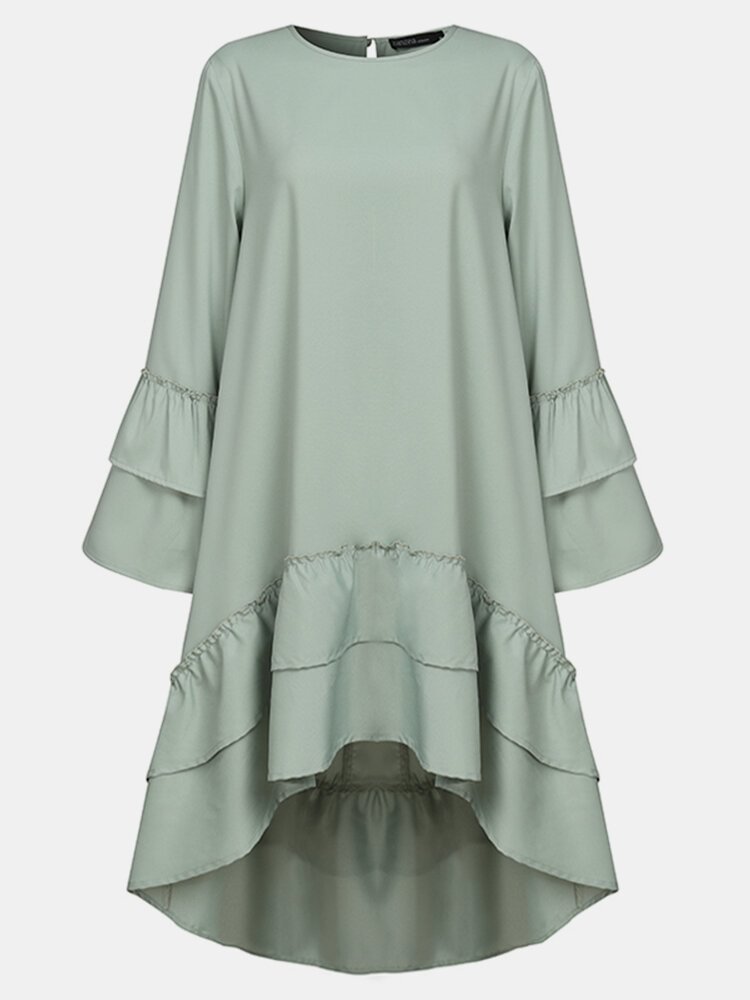 Women Ethnic Solid Color Patchwork Ruffle Asymmetrical Hem Blouse P1794827
