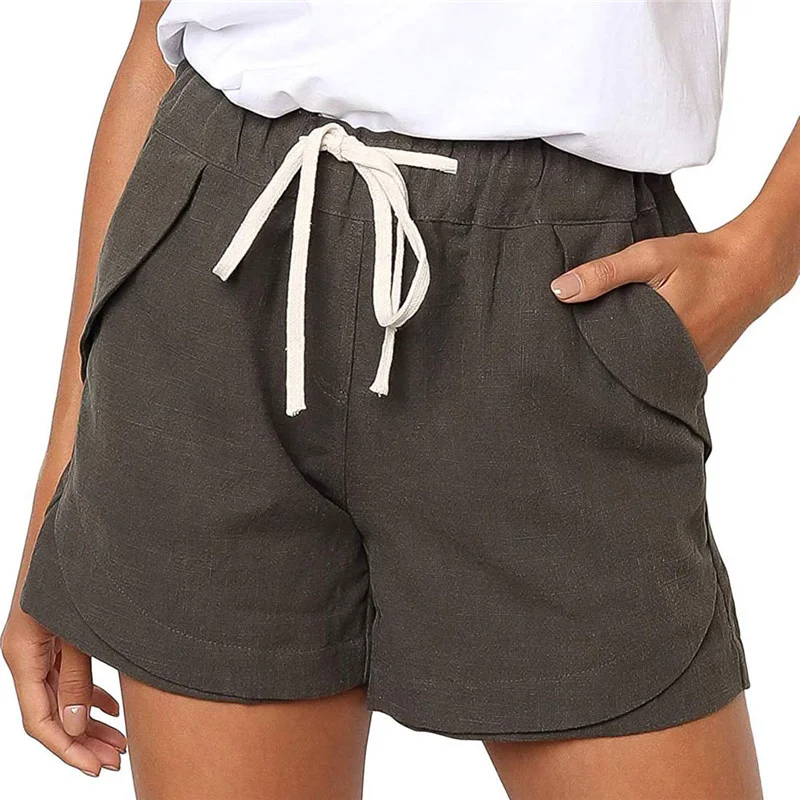 Women's rope elastic waist cotton and linen casual shorts