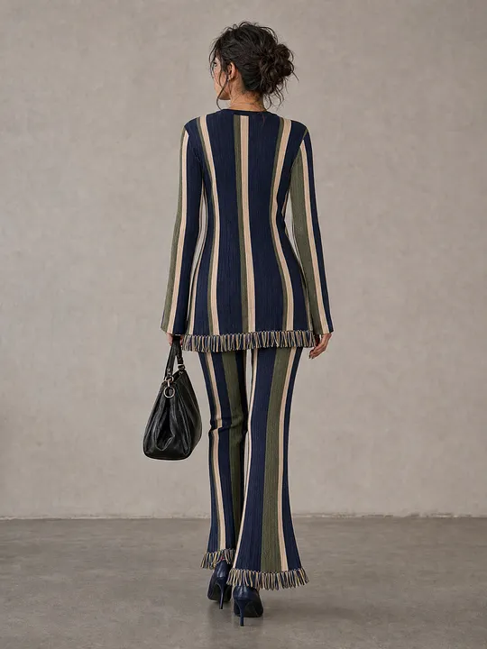 Women's Minimalist Vertical-Stripe Raw-Edge Knit Flare Pants