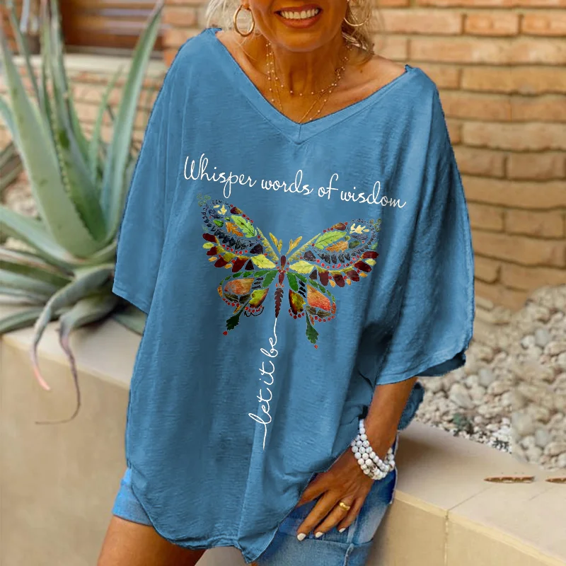Oversized Whisper Words Of Wisdom Butterfly Printed Women Hippie T-shirt