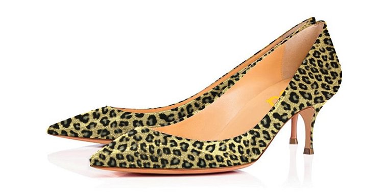 Leopard Print Heels Gold Kitten Heels Pumps |FSJ Shoes