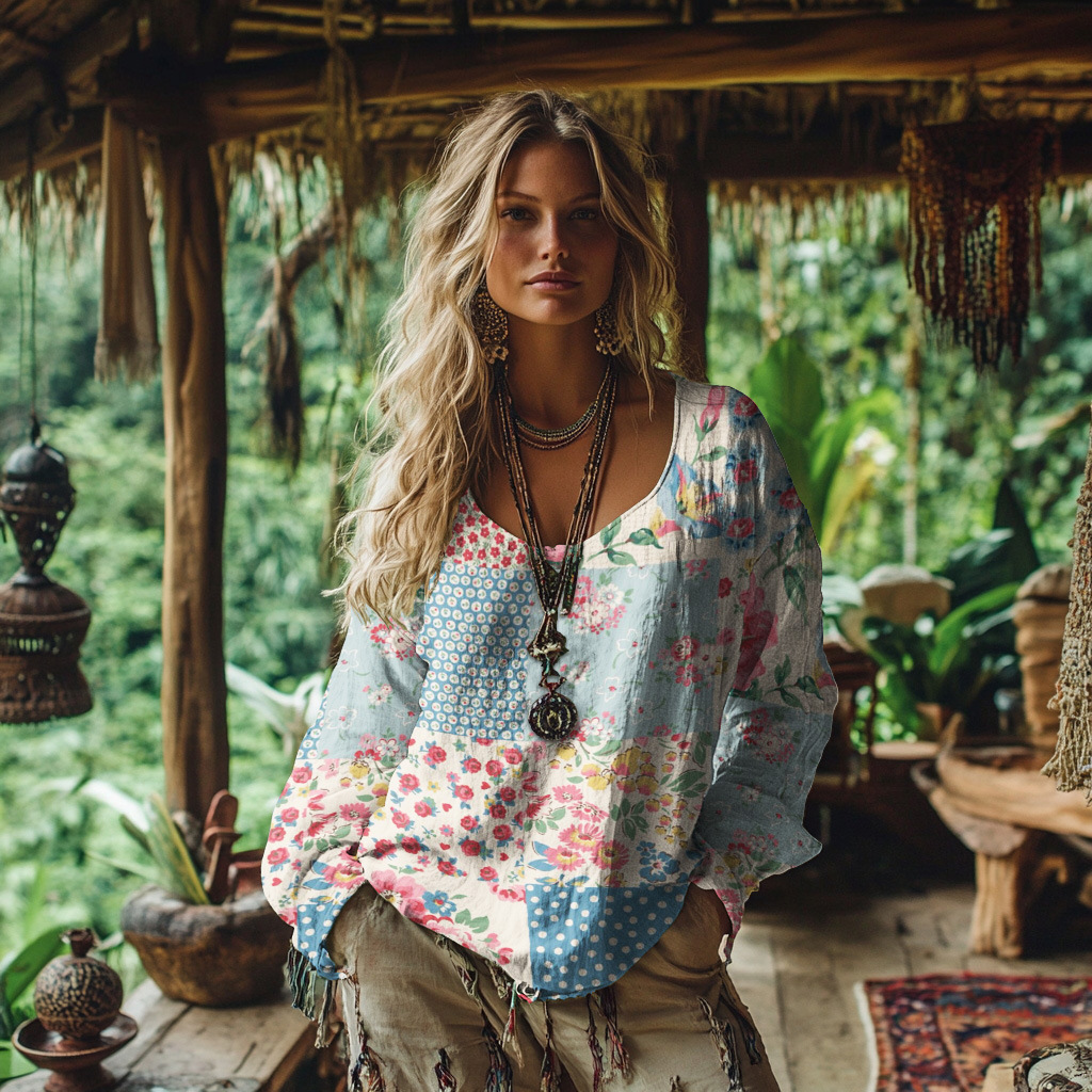Linen-cotton Blend Bohemian-style Printed Long-sleeved Top - Helixace