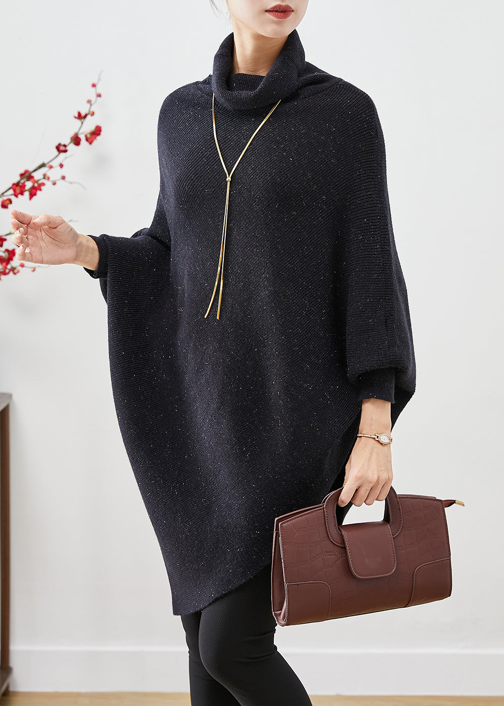 Blue Oversized Knit Sweater Dress Turtle Neck Asymmetrical Batwing Sleeve main image 0