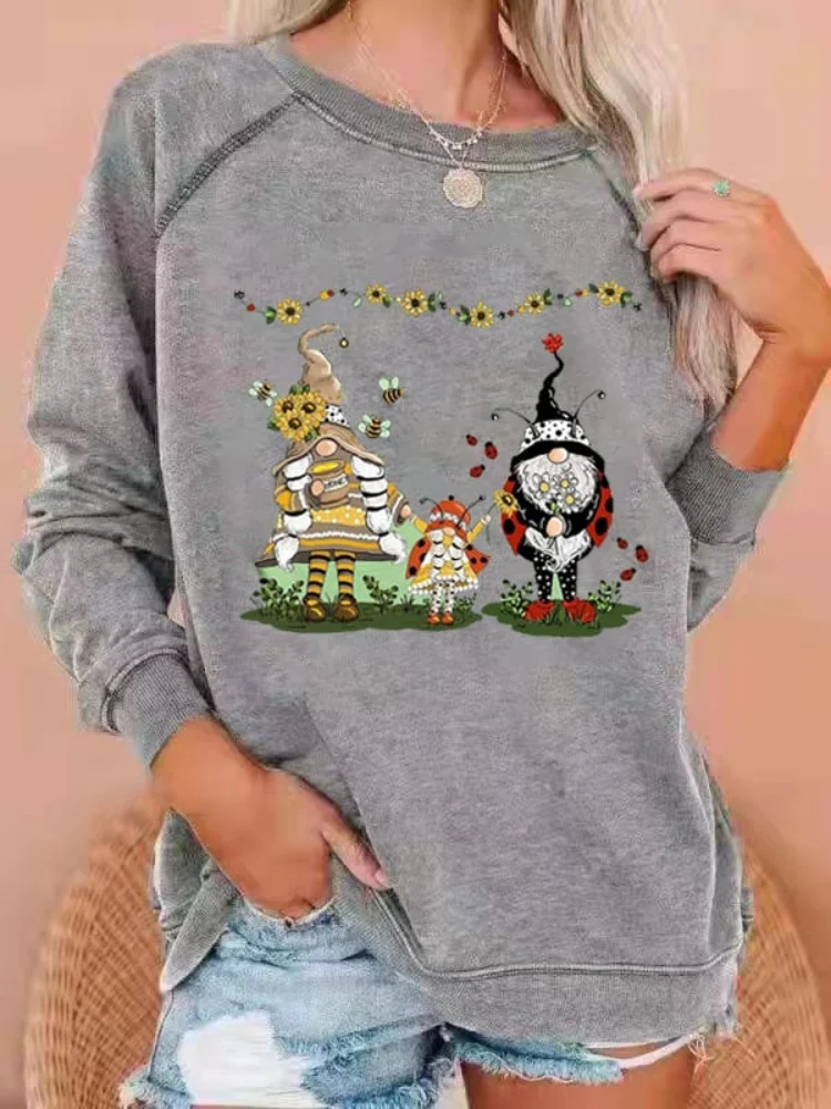 Vefave Fun Gnome Family Print Crew Neck Sweatshirt