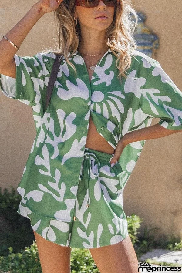 Summer Is Coming Printed Button Up Blouse and Elastic Waist Pocketed Shorts Set