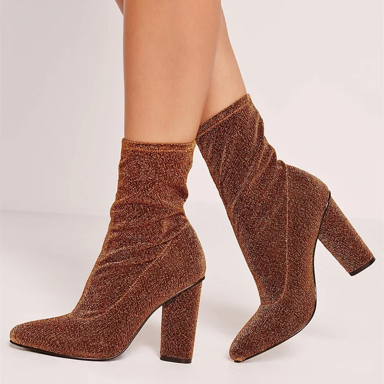 Brown Sparkly Stretch Heeled Ankle Boots Pointy Toe Sock Boots |FSJ Shoes