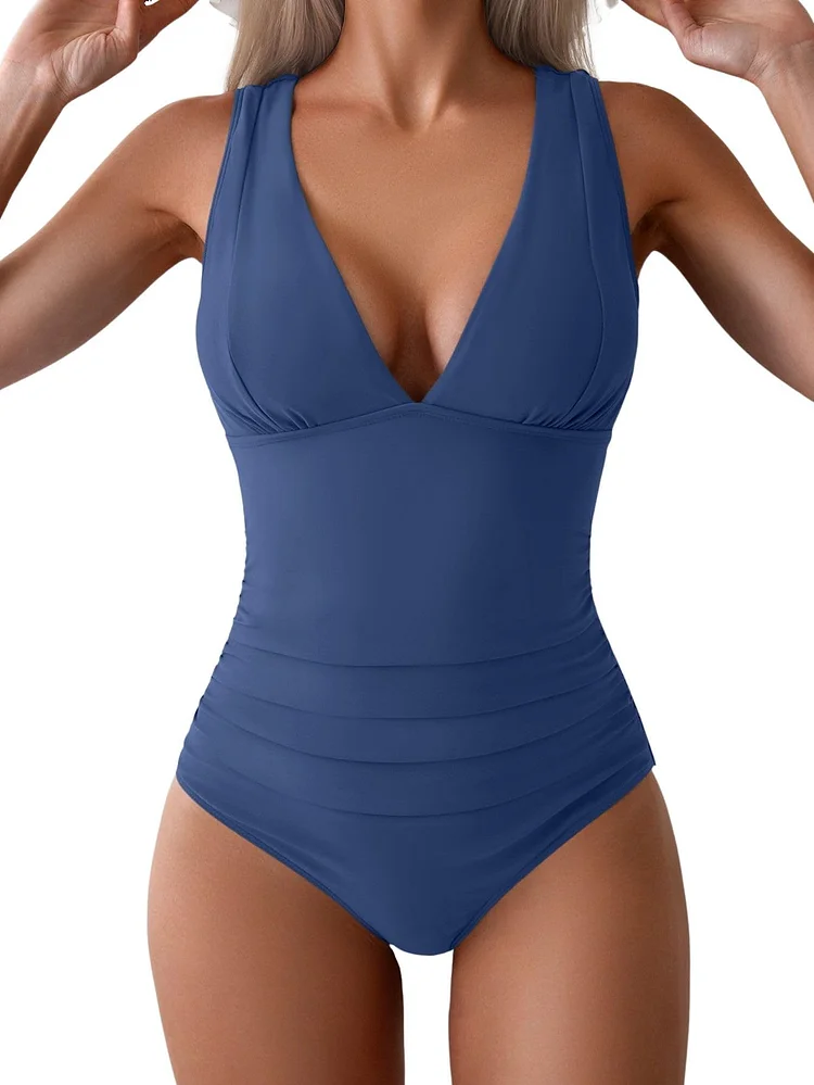 Tummy Control Wide Straps Plunge V Neck One Piece Swimsuit