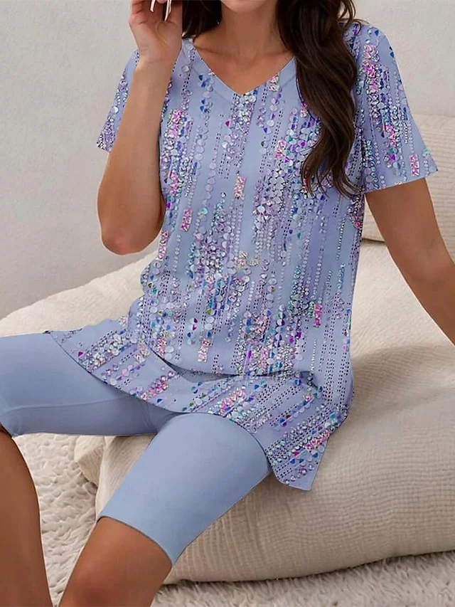 Women's Floral Casual Short Sleeve Fashion V Neck Two Piece Sets