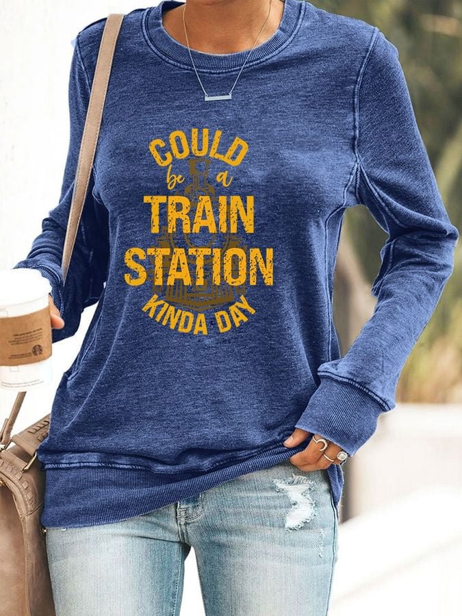 Women's Could Be A Train Station Print Casual Crew Neck Sweatshirt socialshop