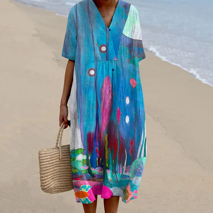 Abstract Floral V-Neck Dress