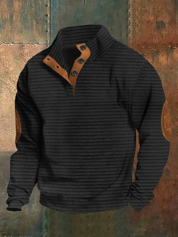 Men's Striped Jacquard Fabric Contrasting Stitching Deerskin Velvet Stand Collar Buttoned Sweatshirt