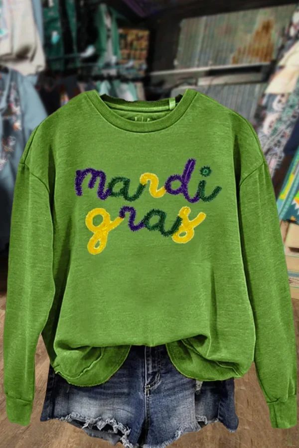 Mardi Gras Embroidered Crew Neck Sweatshirt