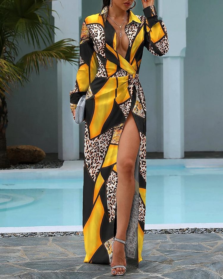 Cheetah Print Colorblock Twisted High Slit Shirt Dress - Shop Trendy Women's Clothing | LoverChic