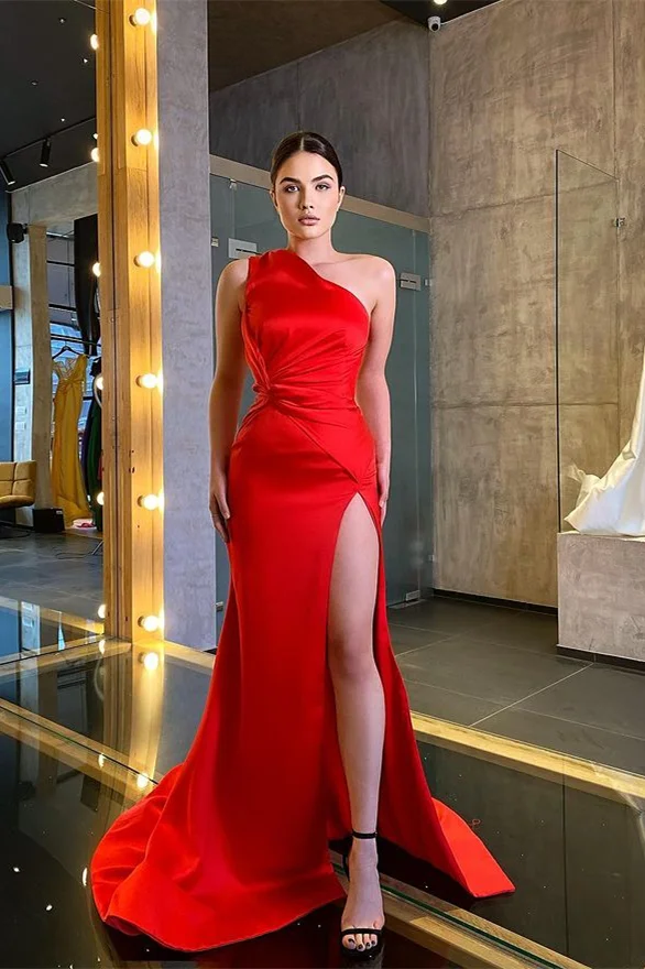 Red One Shoulder Sleeveless Mermaid Prom Dress With Split PD0816