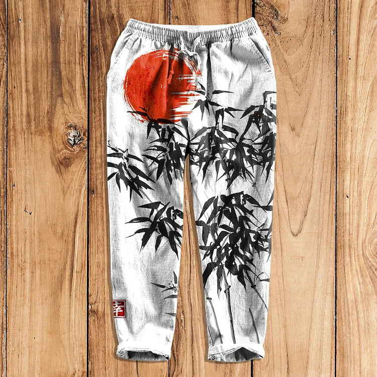 Comstylish Japanese Bamboo Forest And Red Sun Art Linen Pants