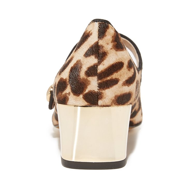 Horsehair Leopard Print Shoes Block Heels Mary Jane Pumps |FSJ Shoes