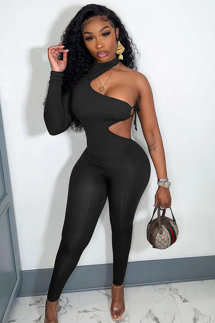 One Shoulder Long Sleeve Cutout Lace Up Jumpsuit