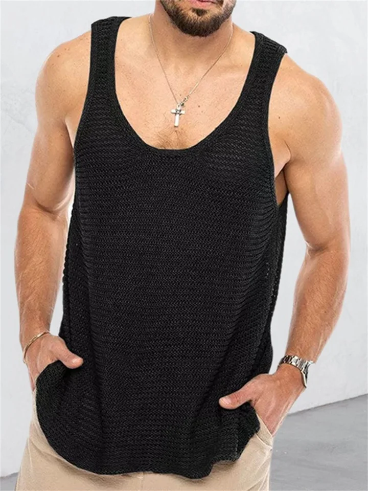 Summer Men's Solid Color Loose Sleeveless Knit Sweater Woolen Breathable Sports Vest Top-JRSEE