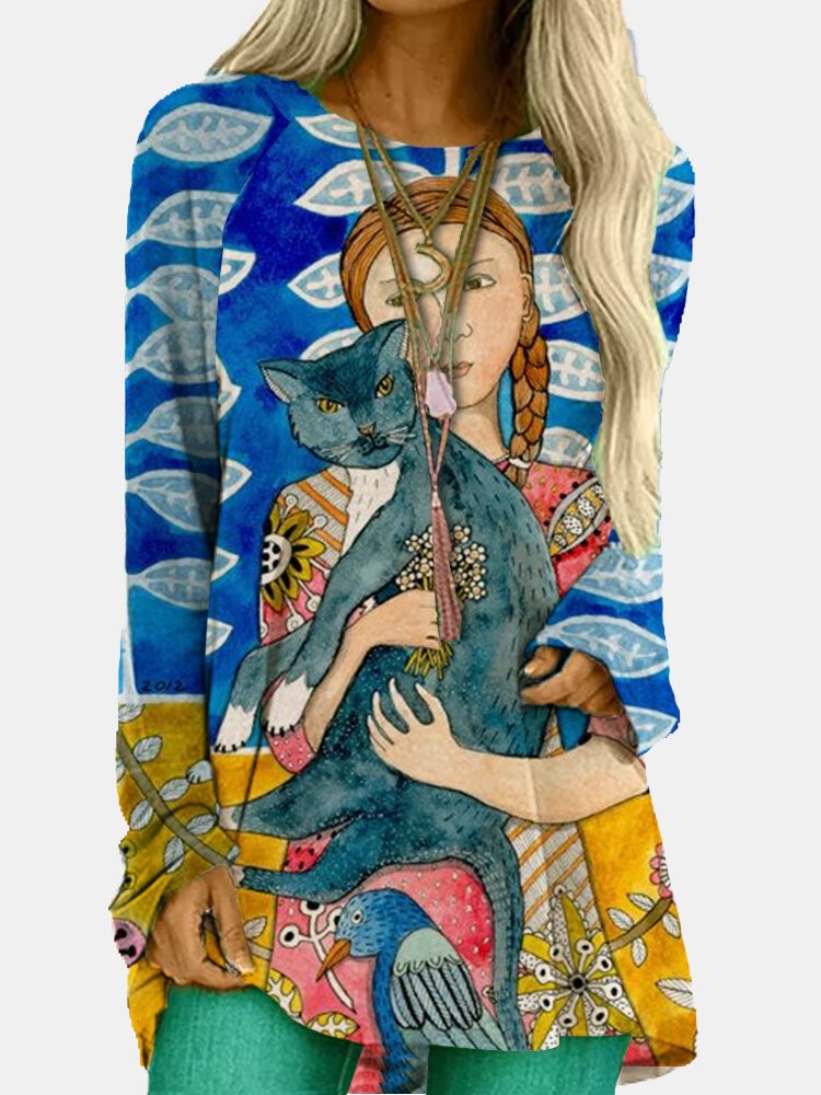 Cartoon Painting Printed O neck Long Sleeve Loose Blouse P1729972