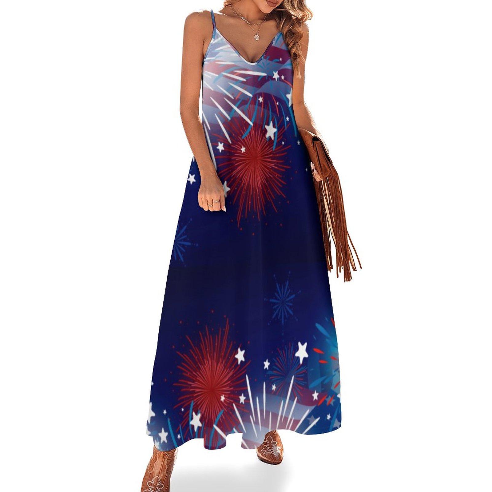 4th of July Fireworks Sparklers Red White Blue Women's Casual Strappy V Neck Sleeveless Flowy Loose Long Maxi Beach Dress Sundress White & Blue-5XL