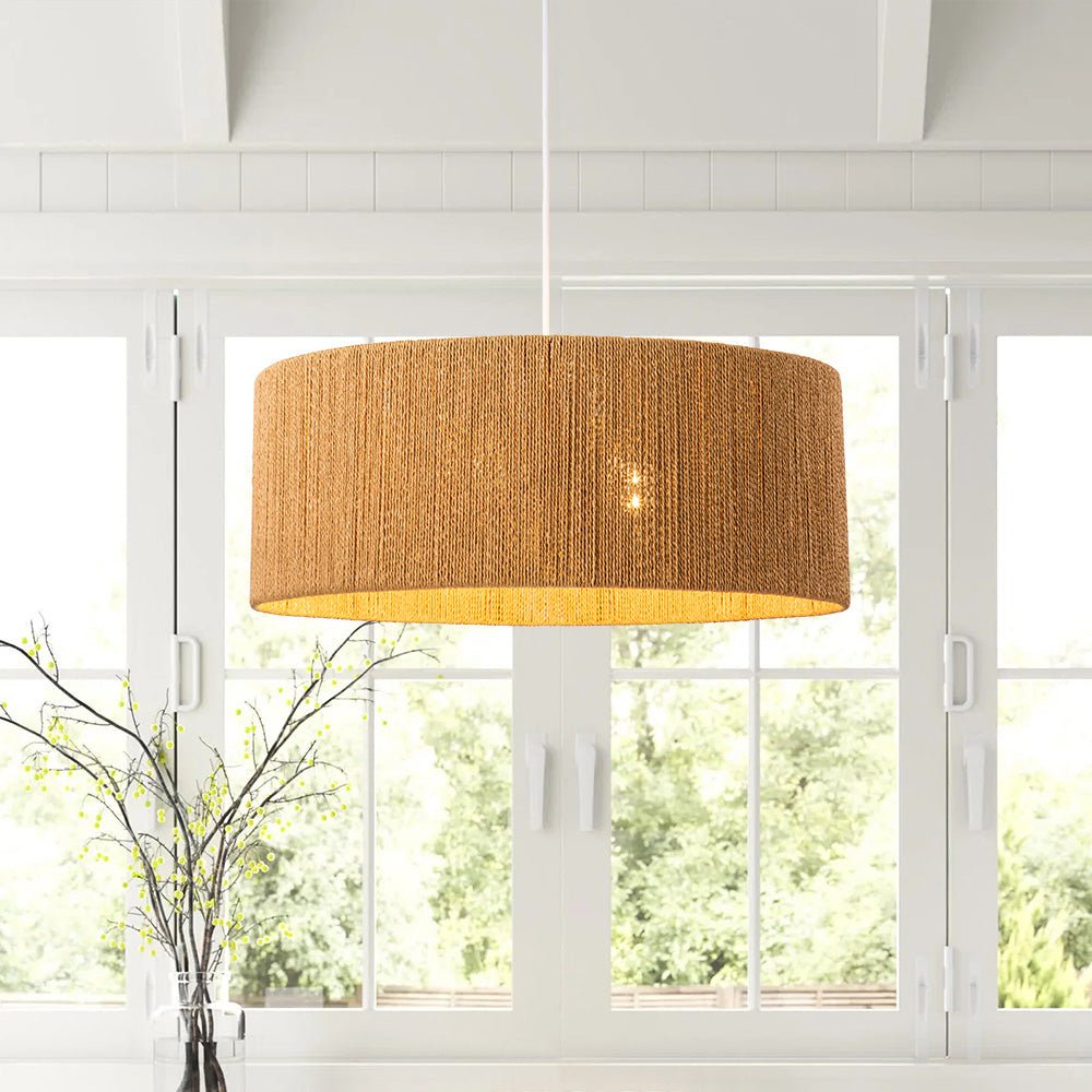 4-Light Brown Woven Rope Wide Drum Pendant Light